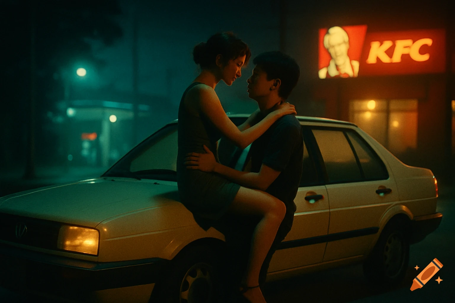 Cinematic shot of a couple embracing on a white car at night, with a KFC sign in the blurred background.