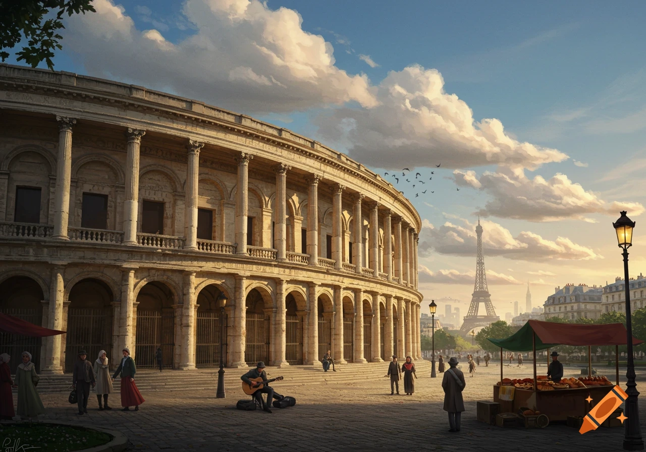 A grand, curved stone building resembling an amphitheater in Paris with a street musician, vendors, and the Eiffel Tower in the distance at sunset.