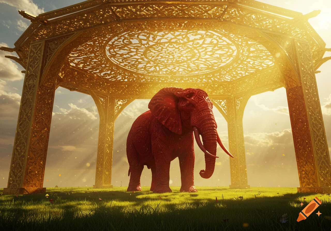 A majestic red elephant with ornate patterns stands under a lavish golden pavilion in a sunlit grassy field.