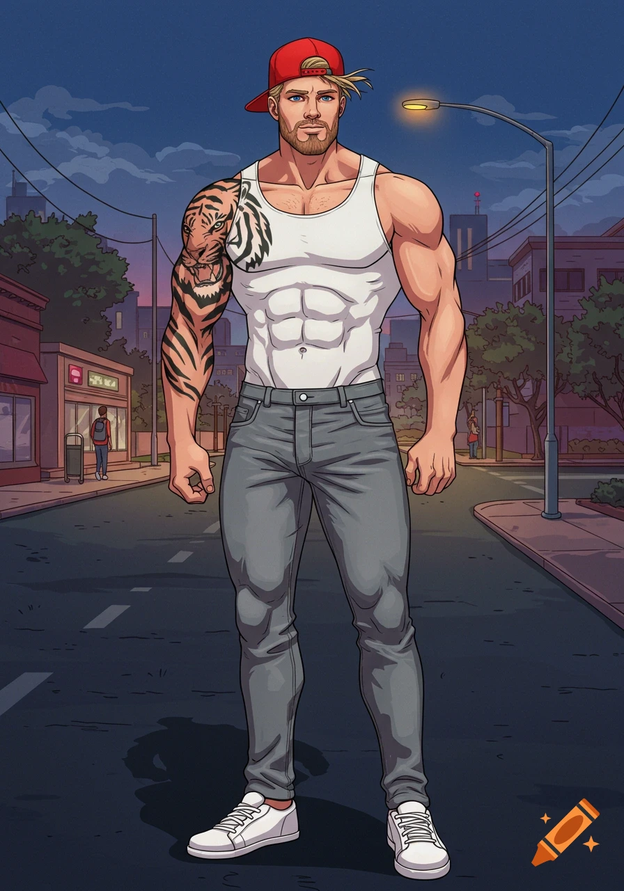 A muscular blond man with a tiger tattoo in a white tank top and red cap stands on a street in comic art style.