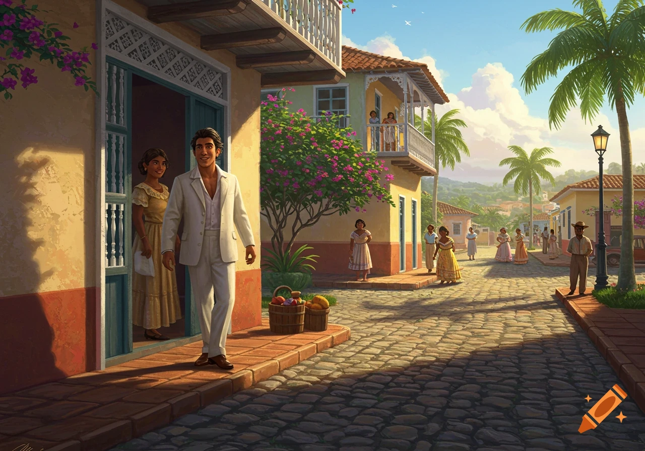 A man in a white suit exits a yellow building, followed by a woman, onto a cobblestone street in a vibrant, sunny Caribbean town with other people and colonial-style architecture.