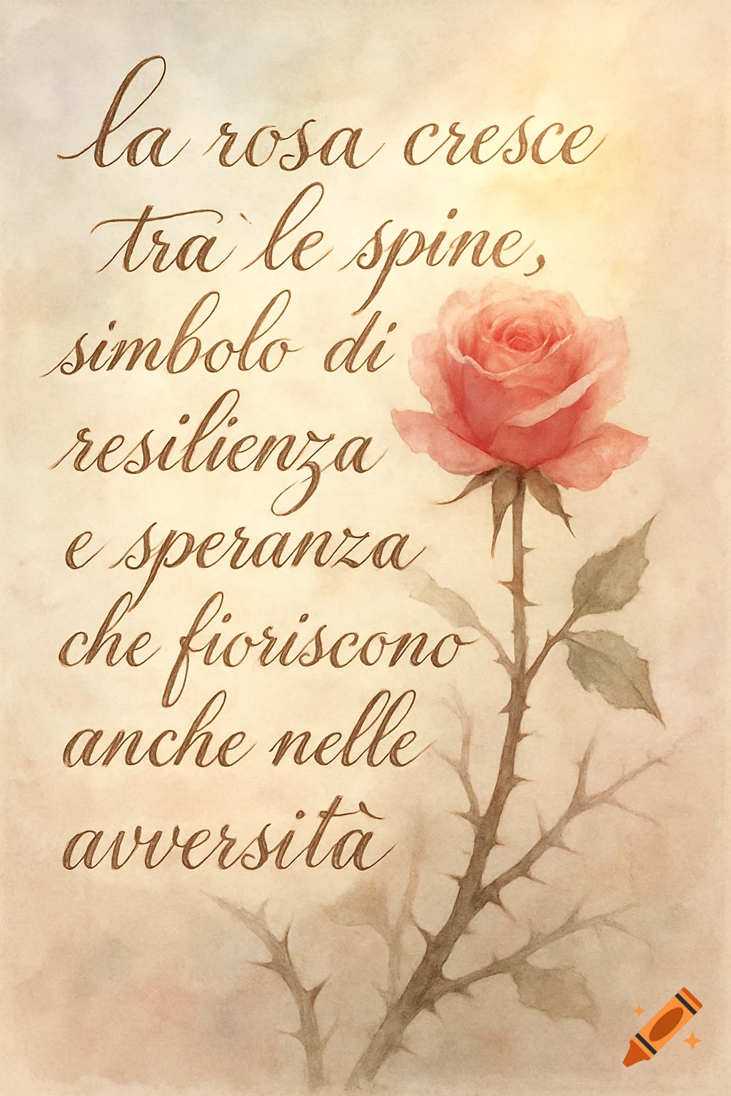 Watercolor illustration of a pink rose with thorns next to elegant Italian cursive text on an antique parchment background.