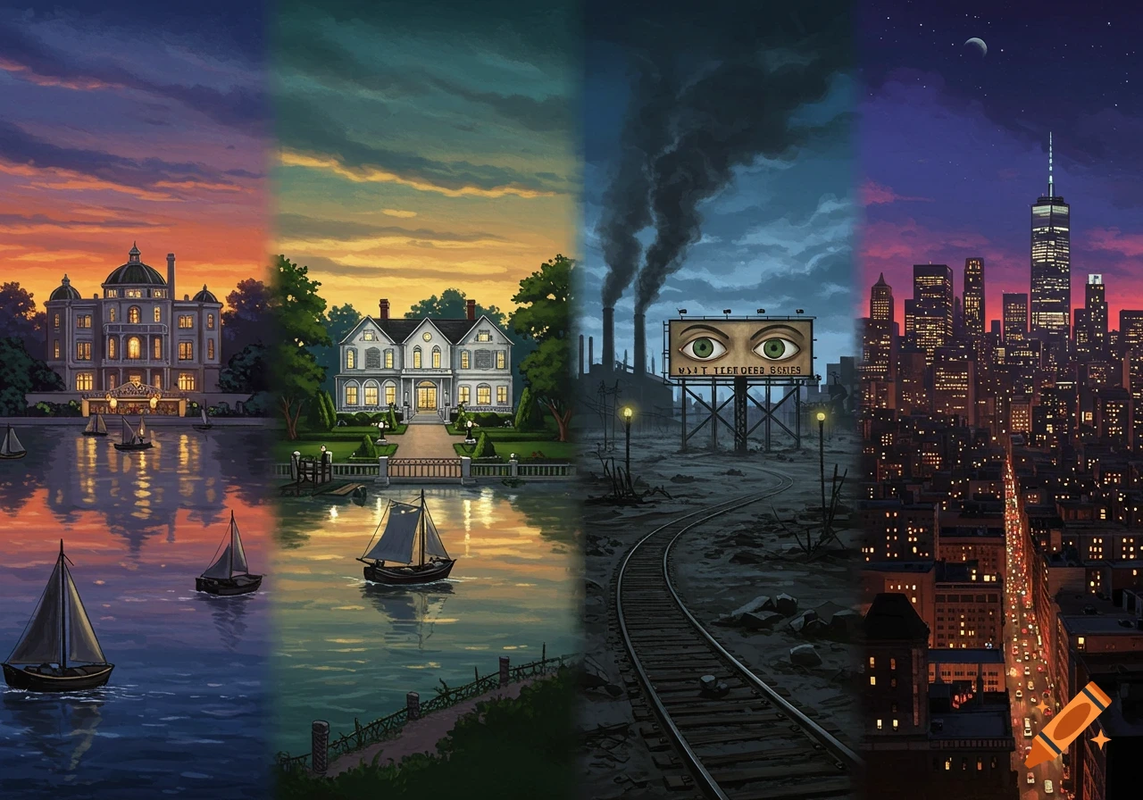 Four-panel illustration: a grand mansion, a suburban house, an industrial wasteland with a billboard, and a night city skyline.