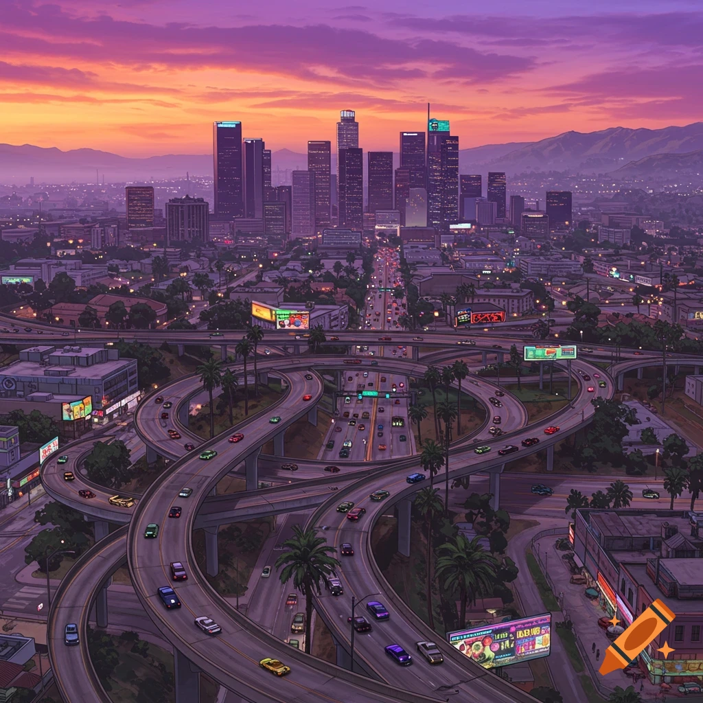Stylized aerial view of a vibrant city with towering skyscrapers and a complex highway interchange at sunset.