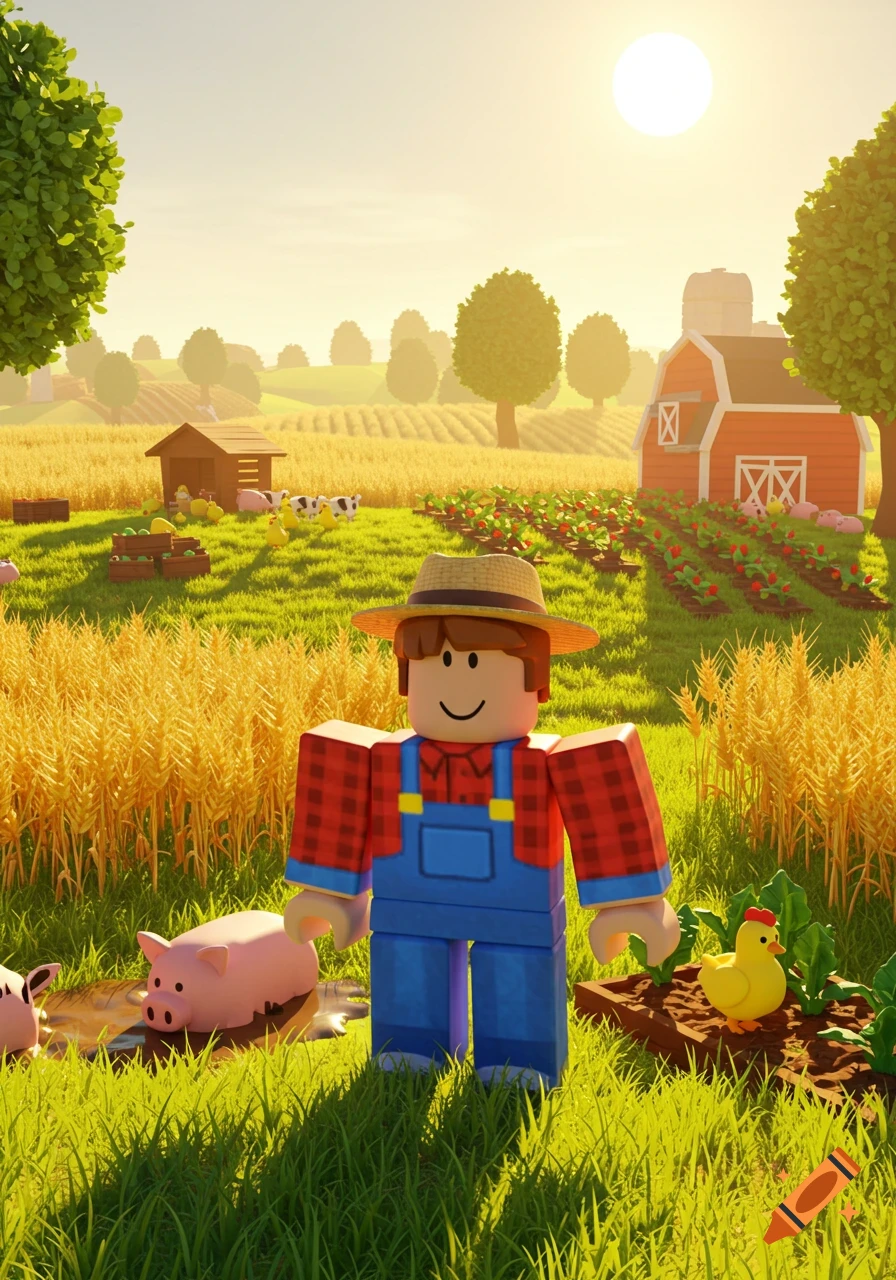 A Roblox character farmer stands in a sunny farm field with pigs, cows, chickens, and a red barn in the background.