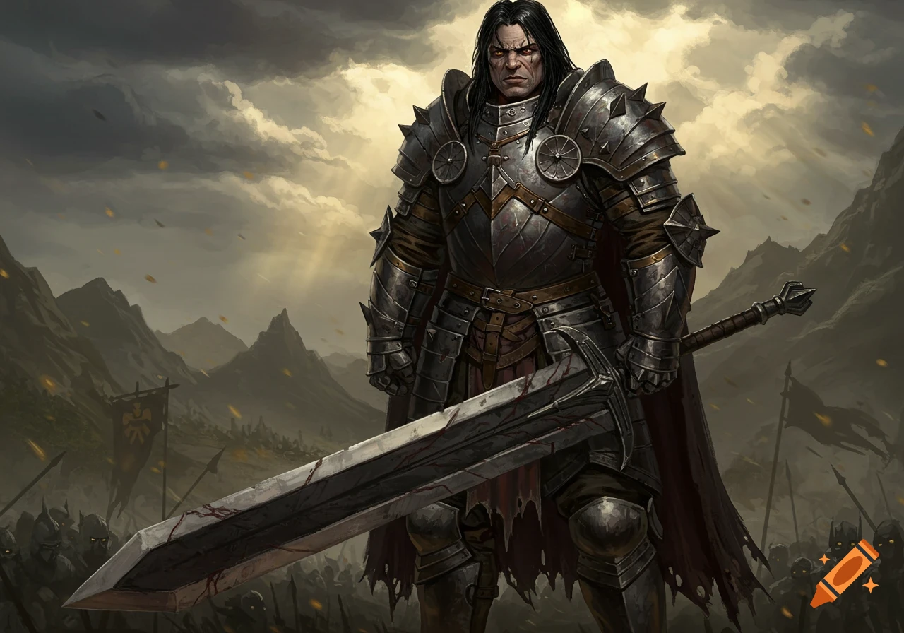 A menacing fantasy warrior in weathered plate armor with long black hair, holding a bloody greatsword, stands before a shadowy army under a stormy sky.