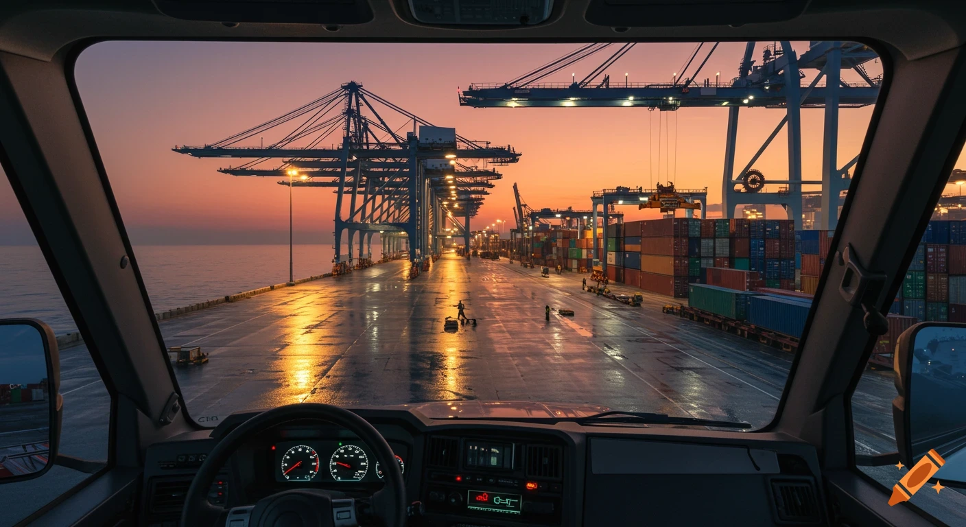 View from a truck cockpit of a busy seaport with cranes and containers at sunset.