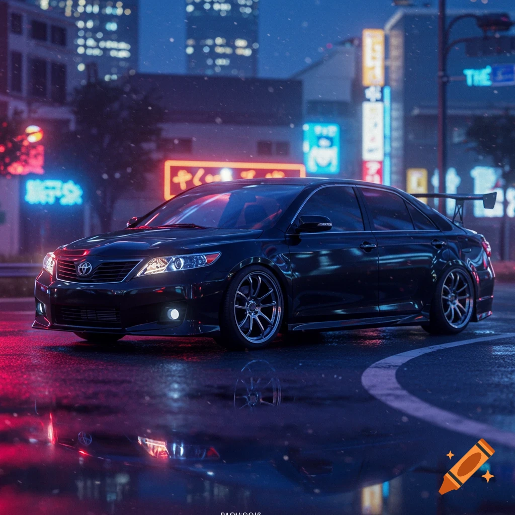 A black Toyota Camry with a spoiler is parked on a wet city street at night, illuminated by colorful neon signs and streetlights.