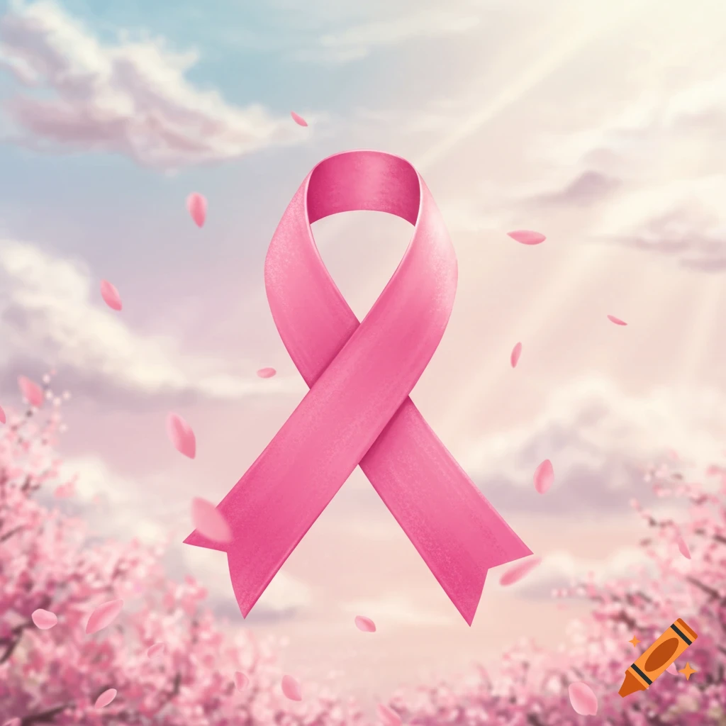 A vibrant pink breast cancer awareness ribbon floats amidst falling pink cherry blossom petals against a soft, sunlit blue sky with clouds.
