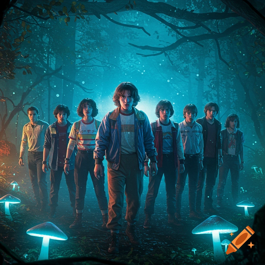 A group of young men, resembling the cast of Stranger Things, stand in a mystical, glowing forest with blue mushrooms.