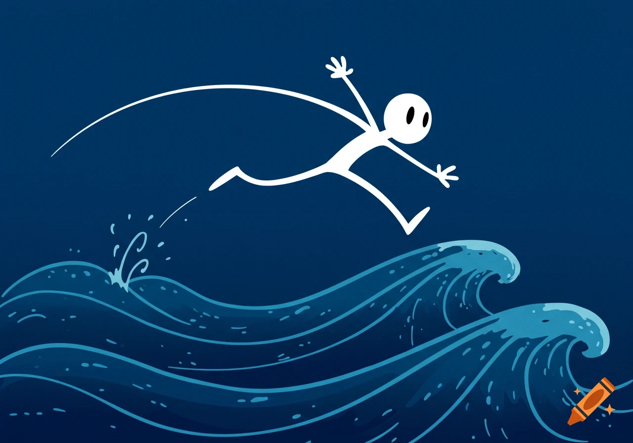 A minimalist white stick figure cartoon character with large eyes jumps high over blue stylized ocean waves, creating a splash.