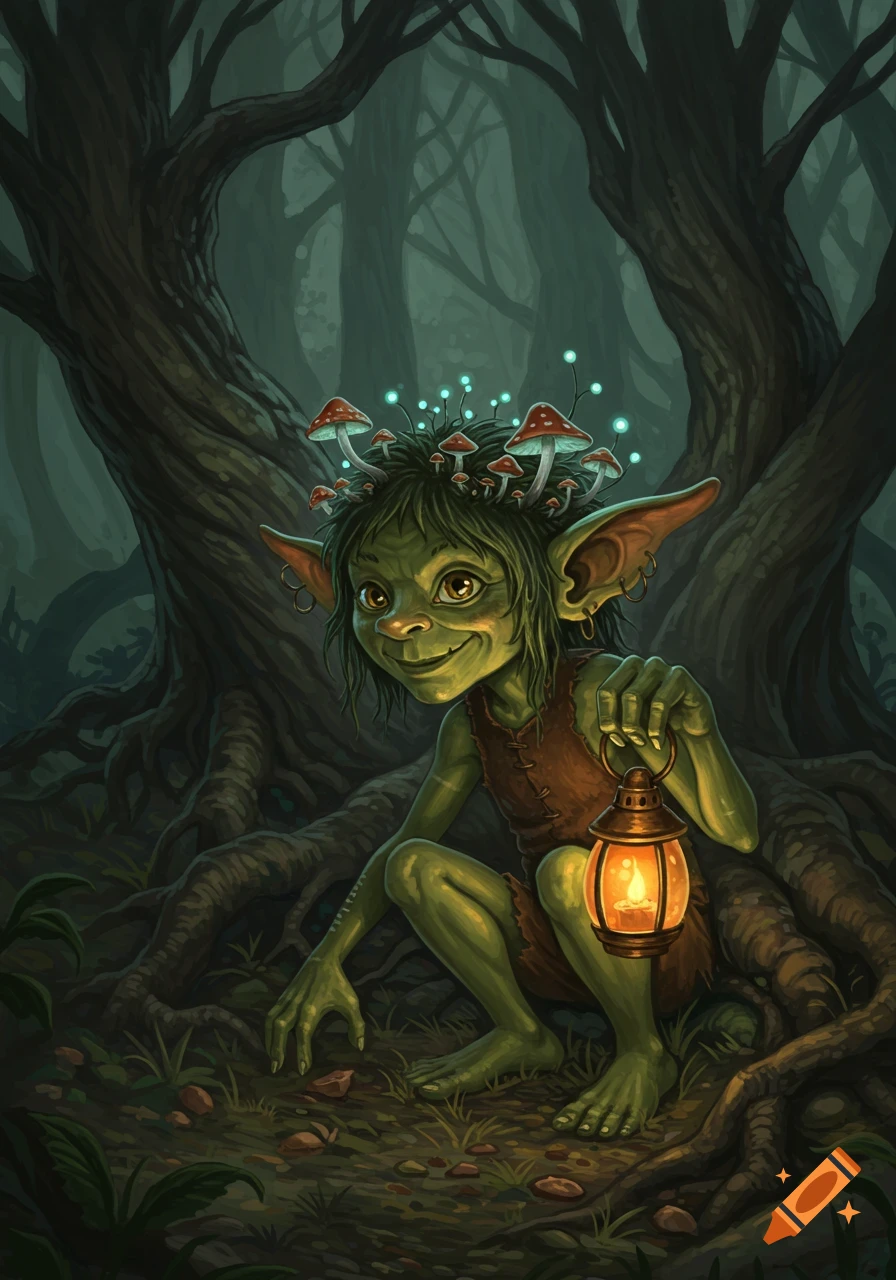 A green-skinned goblin with a glowing mushroom crown holds a lit lantern, crouching in a dark, root-filled forest.