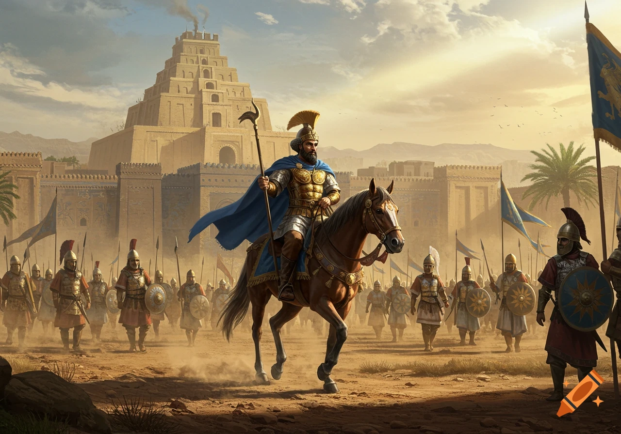 An armored warrior on horseback leads an army through a desert toward a walled ancient city with a ziggurat under a warm, hazy sky.
