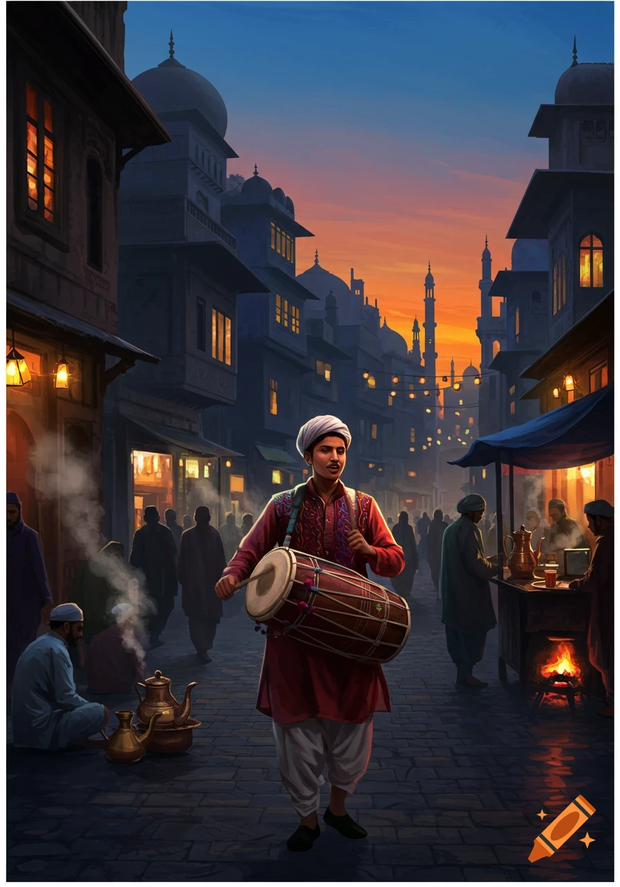 A man playing a dhol drum walks down a bustling, lamp-lit street at sunset, with traditional buildings and market stalls.
