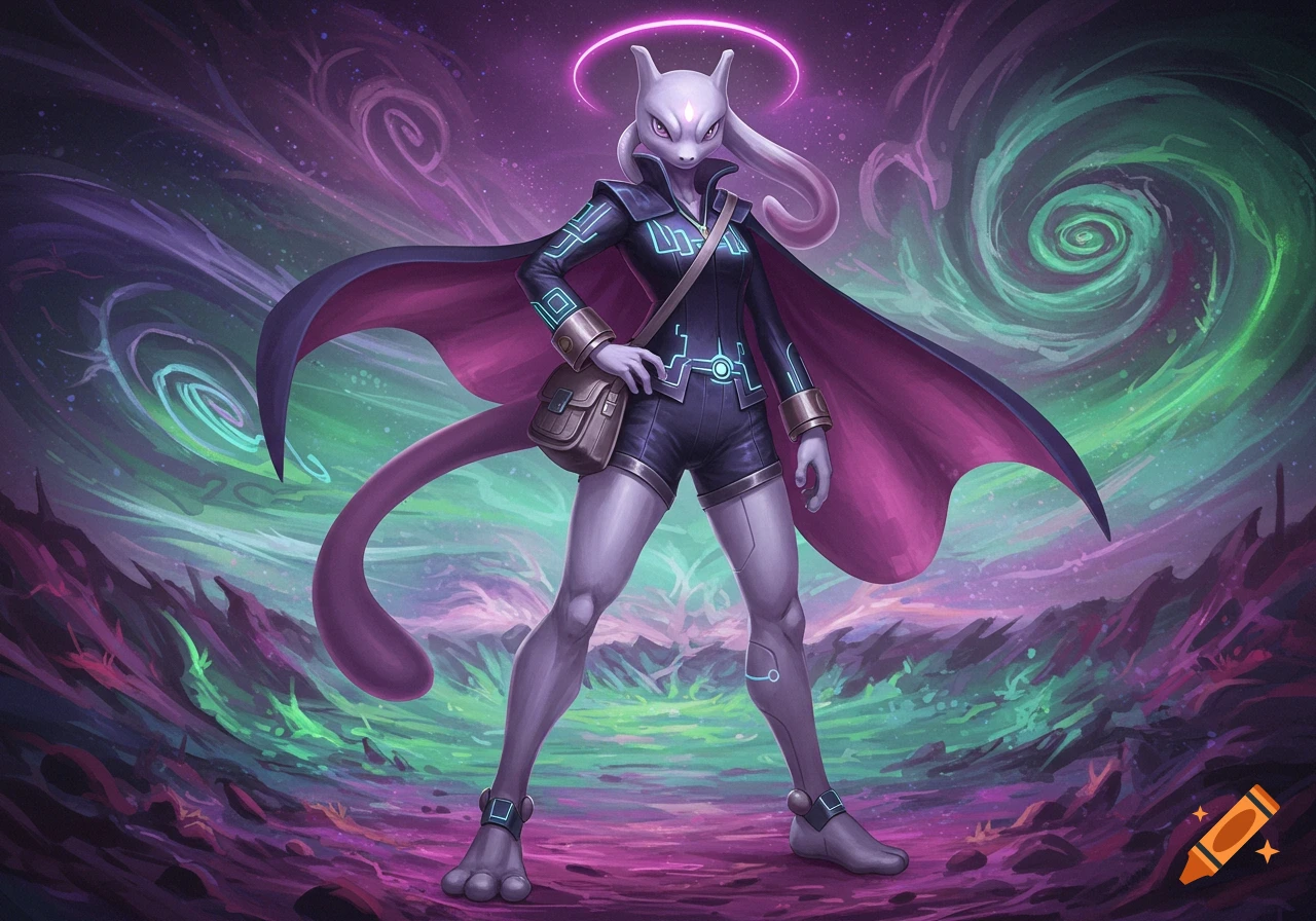 Mewtwo dressed as a female Pokémon trainer with a cape and bag, standing in a vibrant, swirling cosmic landscape.