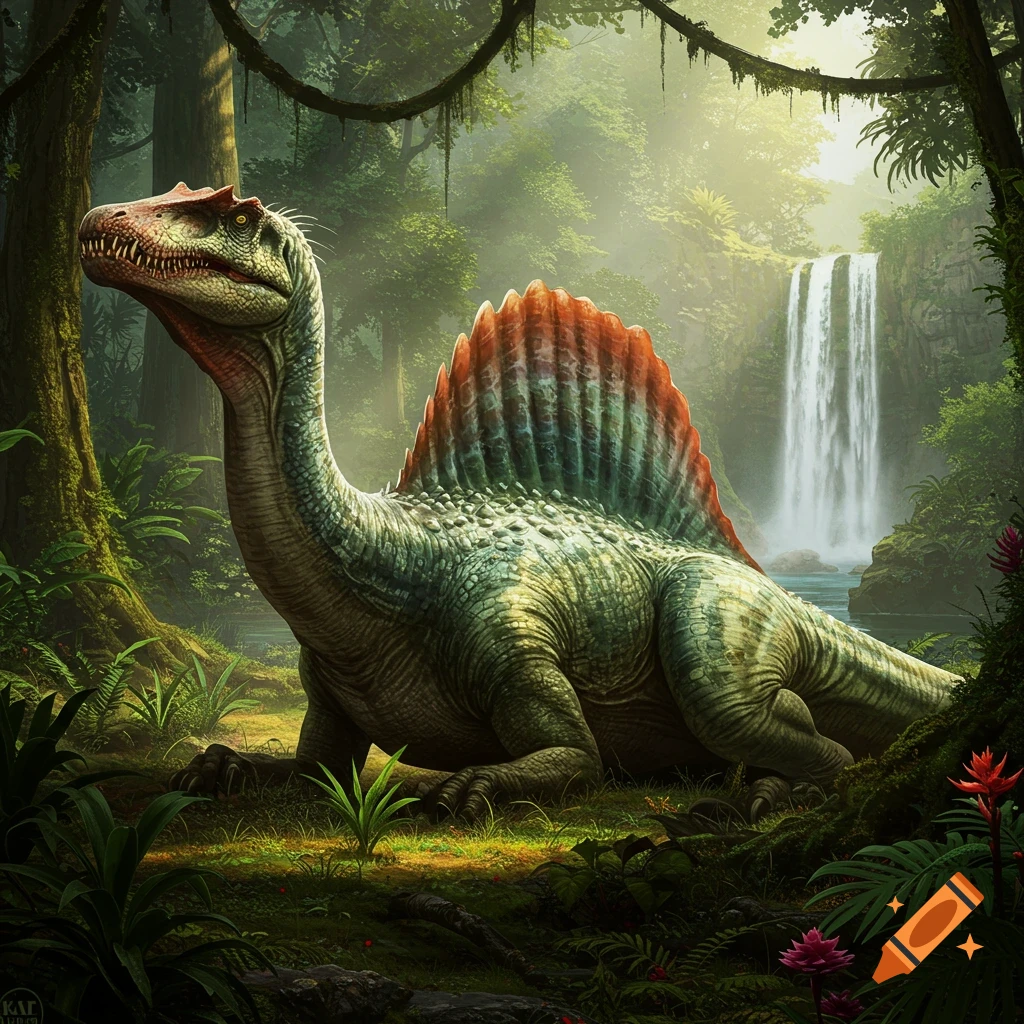 Photorealistic Spinosaurus-like dinosaur resting in a lush, sun-dappled jungle with a waterfall in the background.