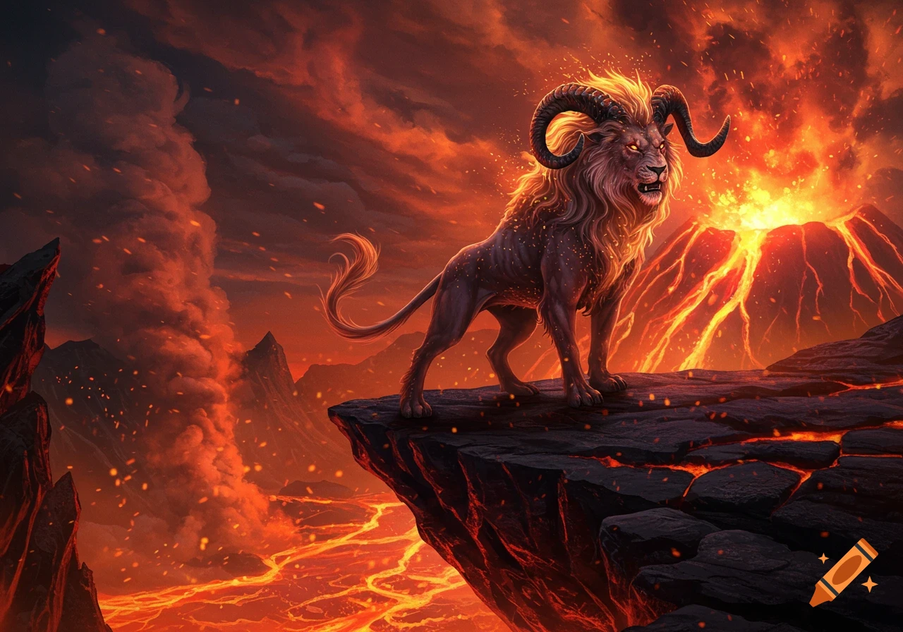 A majestic horned lion creature stands on a dark rock cliff overlooking a fiery volcanic landscape with lava and smoke.