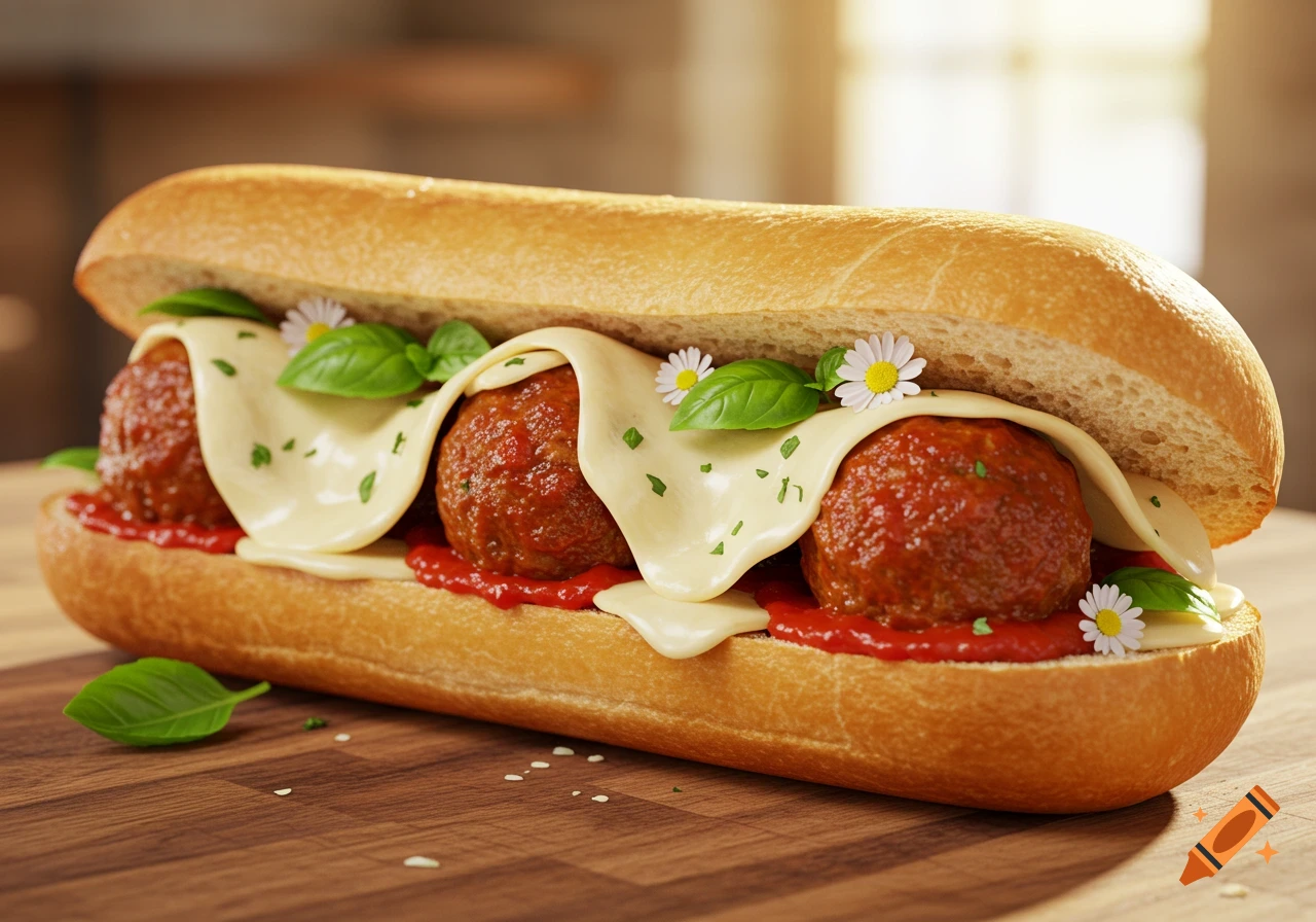 A photorealistic meatball sub with melted cheese, marinara sauce, fresh basil, and small white daisies on a wooden cutting board.