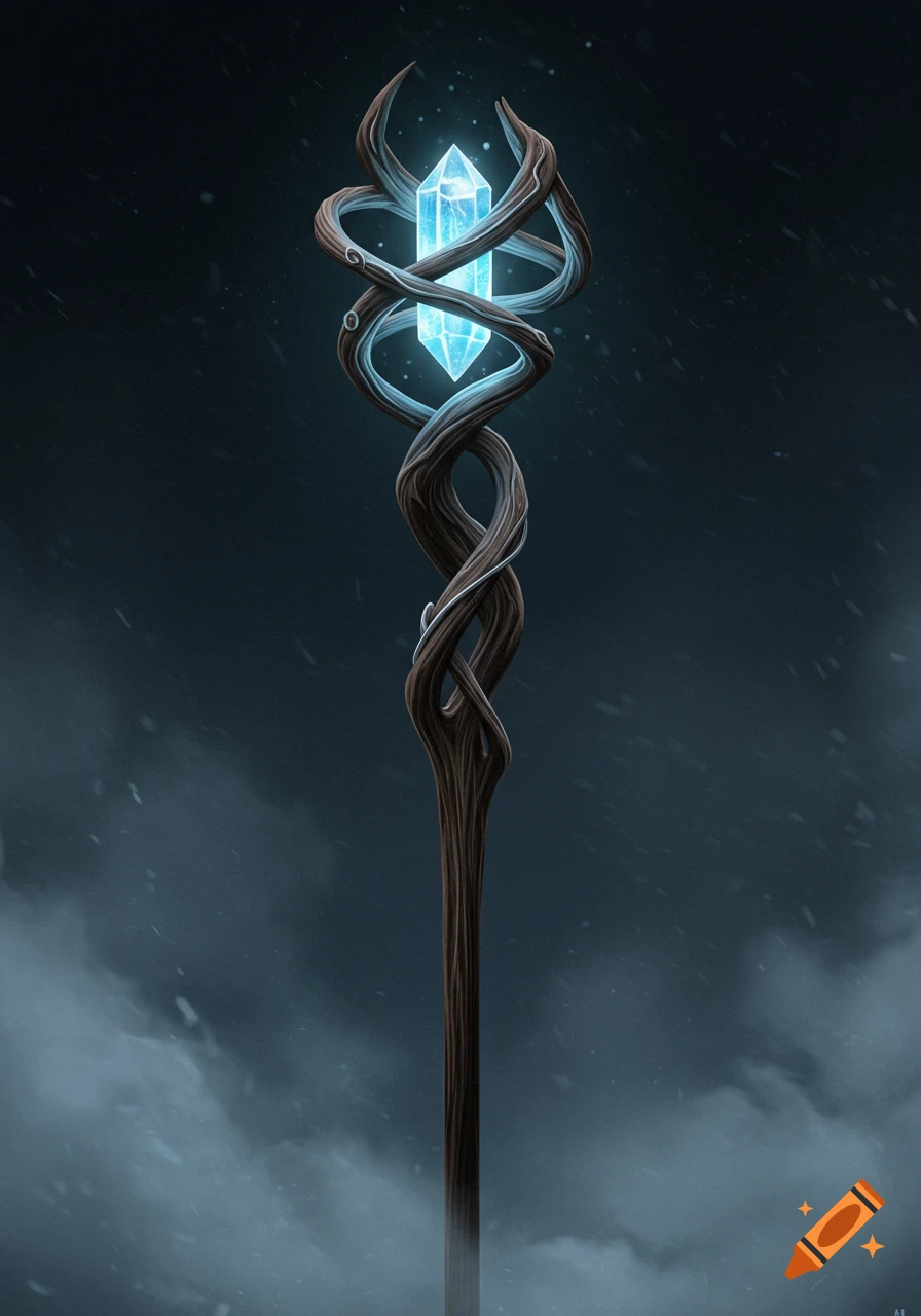 A dark wooden staff with intricate twists, holding a glowing blue crystal at the top against a dark, snowy background.