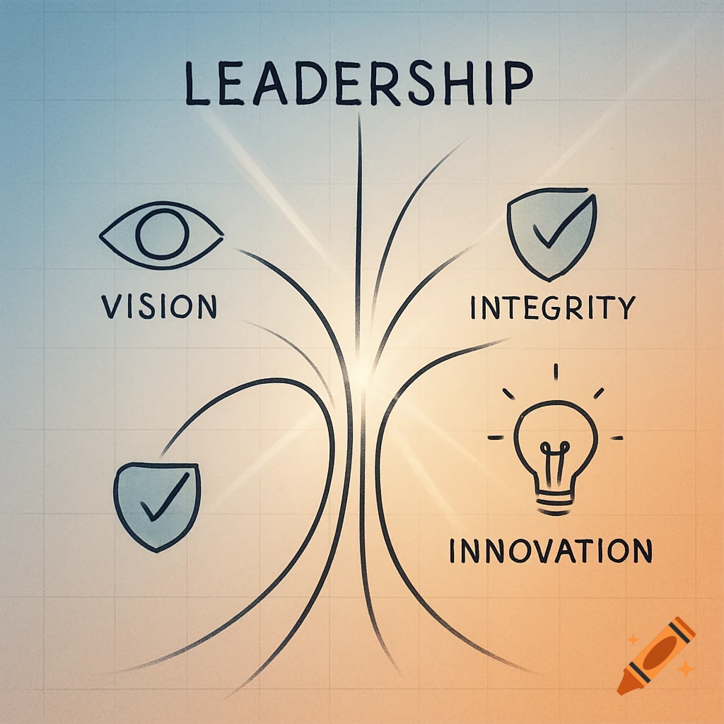 A leadership diagram with branches for Vision, Integrity, and Innovation, against a grid background.