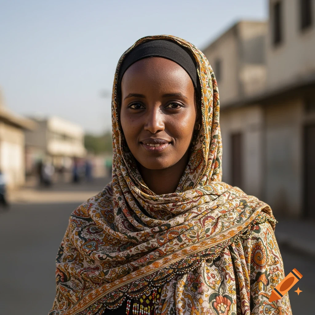 A photorealistic portrait of a Somali woman in a patterned headscarf, smiling slightly, against a blurred street background.
