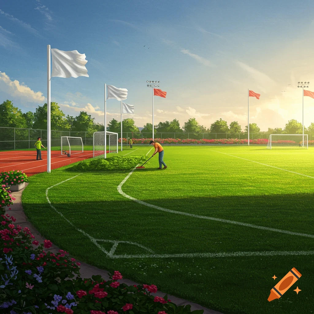 People performing maintenance on a sunny sports field with soccer goals, a running track, and flags under a blue sky.