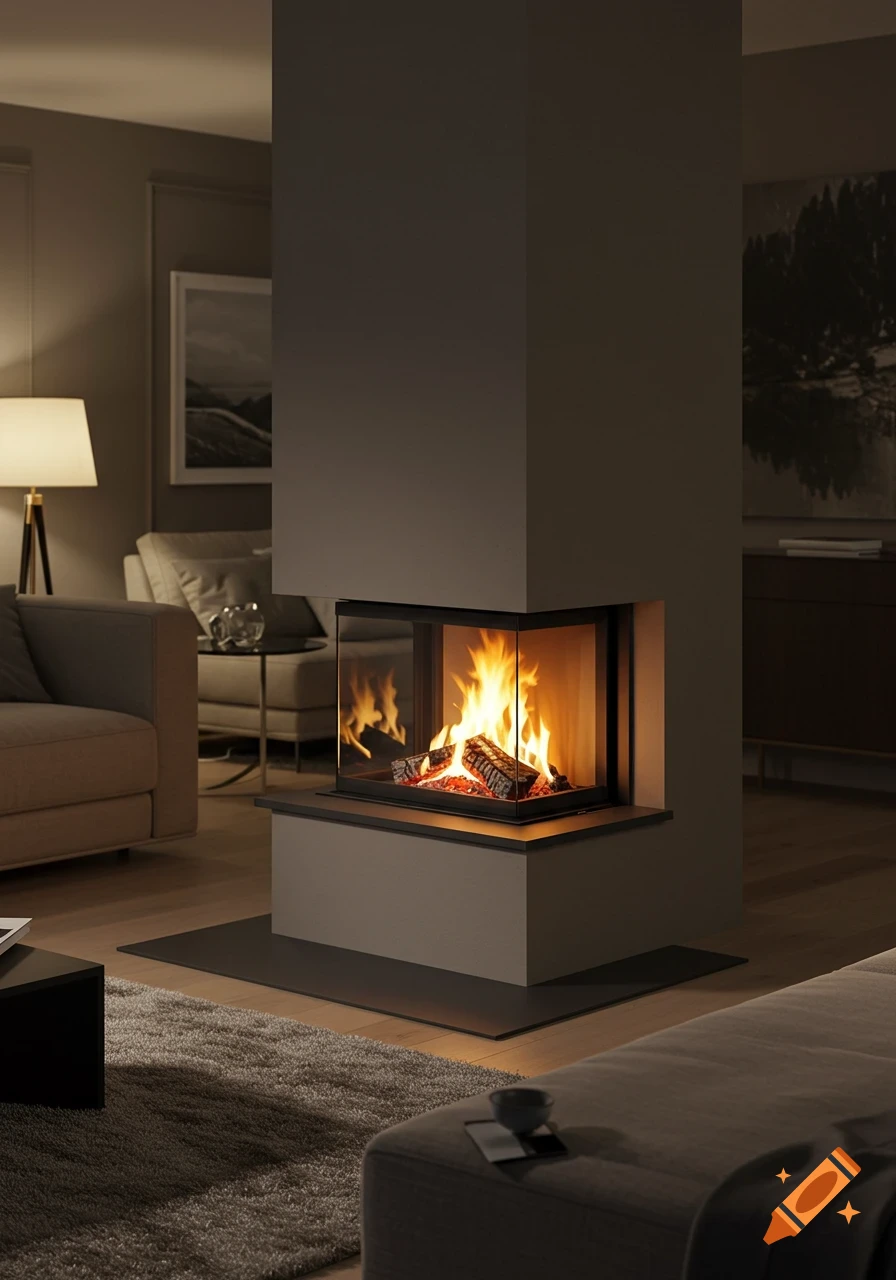 Modern living room with a corner fireplace, sofa, and floor lamp, warm fire glowing.