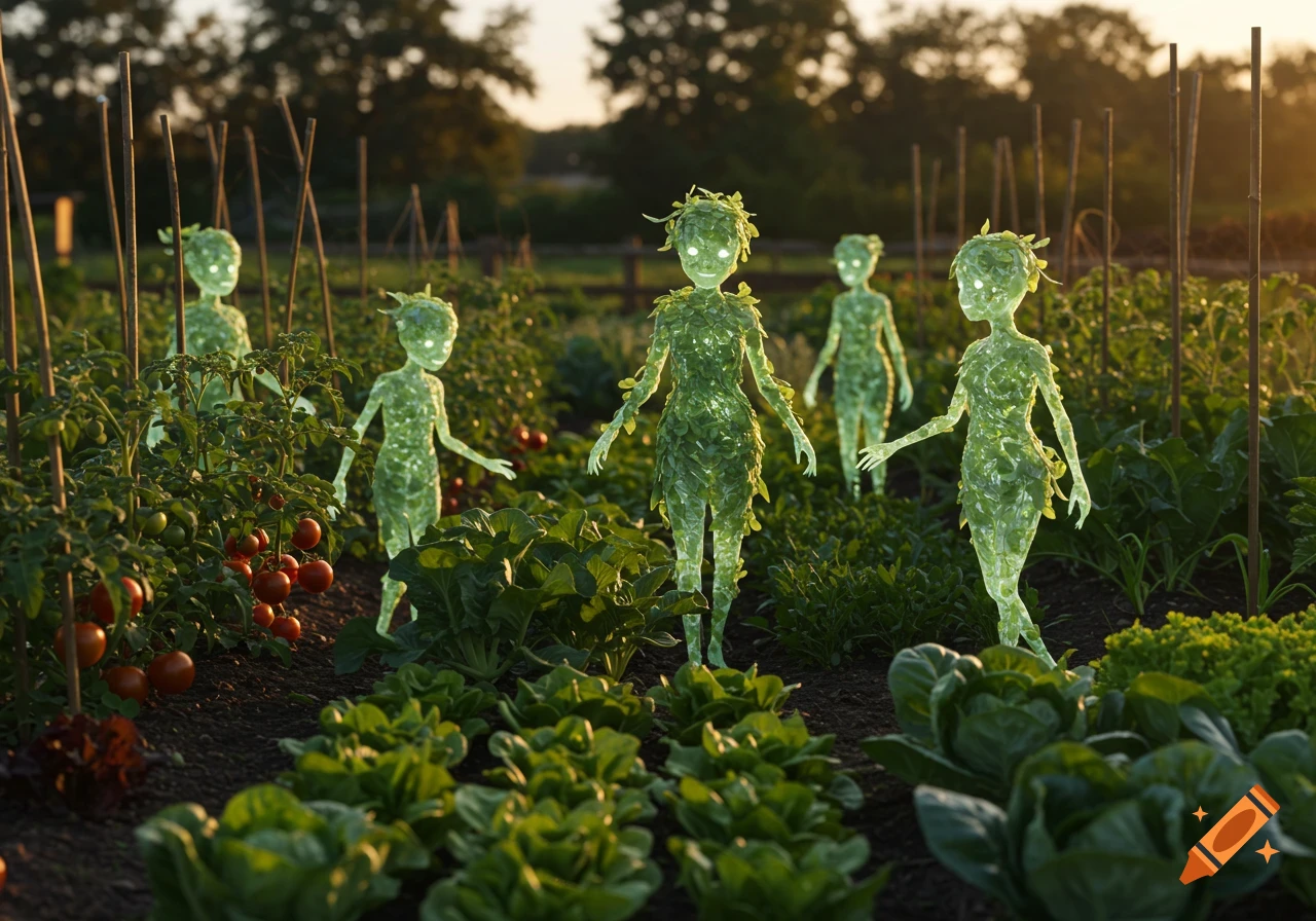 Glowing, translucent plant spirits made of leaves stand among rows of vegetables in a sunny garden.