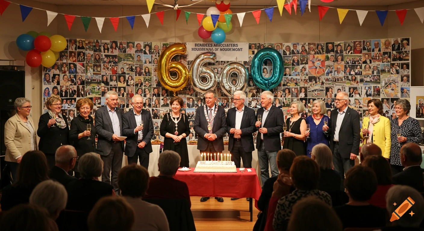 A group of older adults celebrates an anniversary event in a decorated hall. They stand around a table with a cake and candles. Balloons and a photo collage adorn the wall.