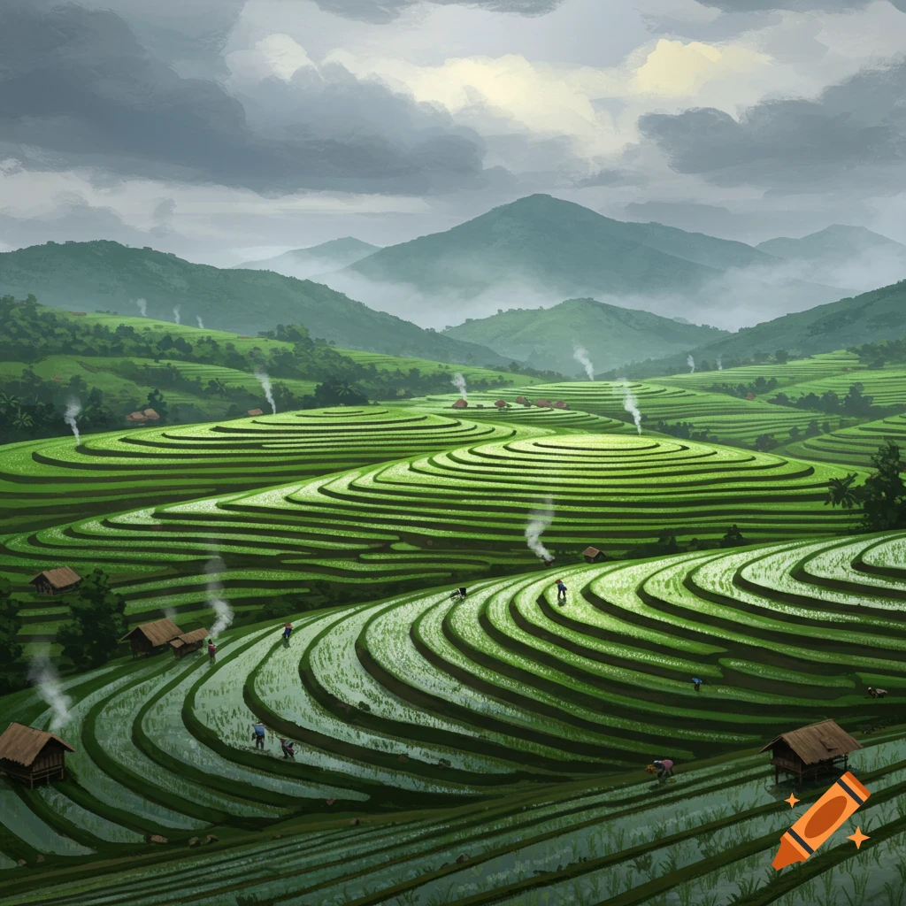 A vibrant green landscape with terraced rice fields under a cloudy sky. Small figures work among the fields, with huts and distant mountains.