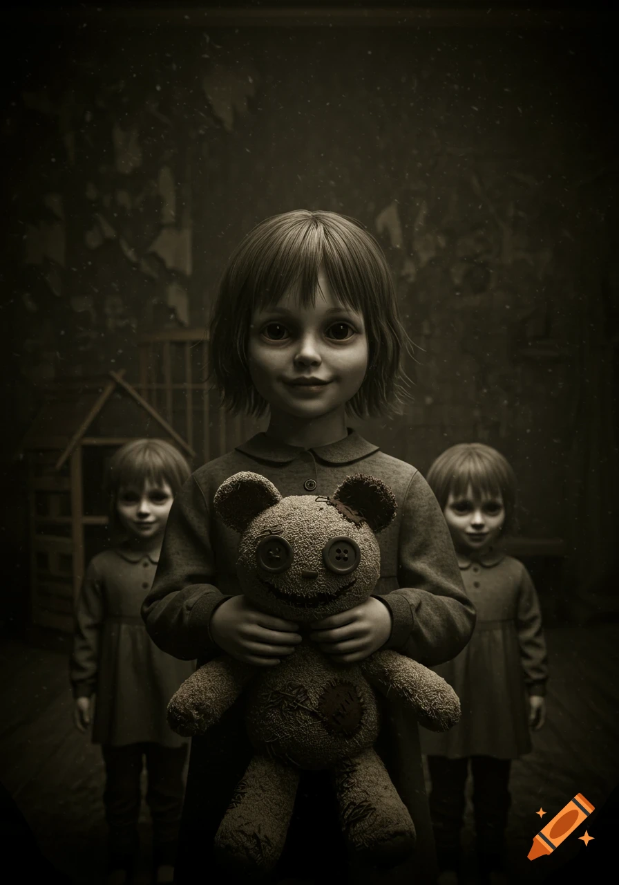 A sepia-toned image of a young girl holding a creepy, stitched teddy bear, flanked by two other unsettling children in a dark, vintage horror setting.