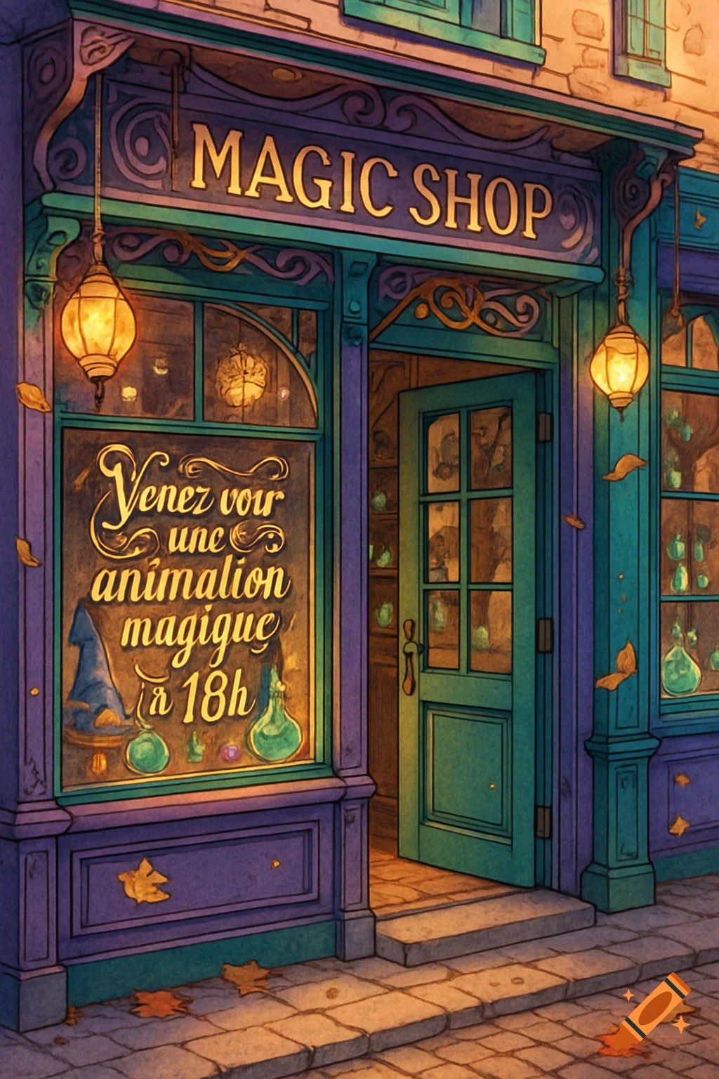 A magical shop storefront at dusk with lanterns, a wizard's hat, and potions on display, in an illustrative style.