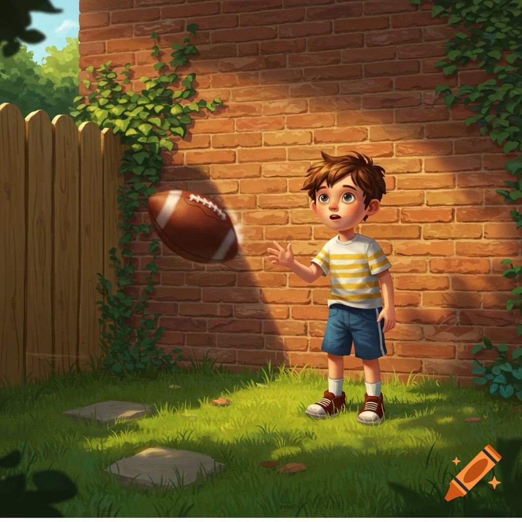 A cartoon boy catches a football in a sunny backyard next to a brick wall and wooden fence.