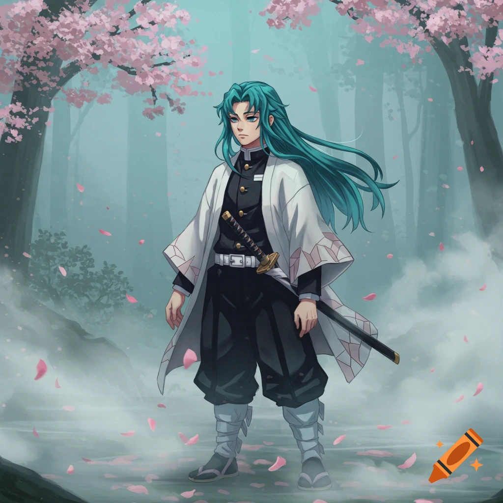 An anime man with long teal hair in a black uniform and white haori stands with a katana in a misty cherry blossom forest.