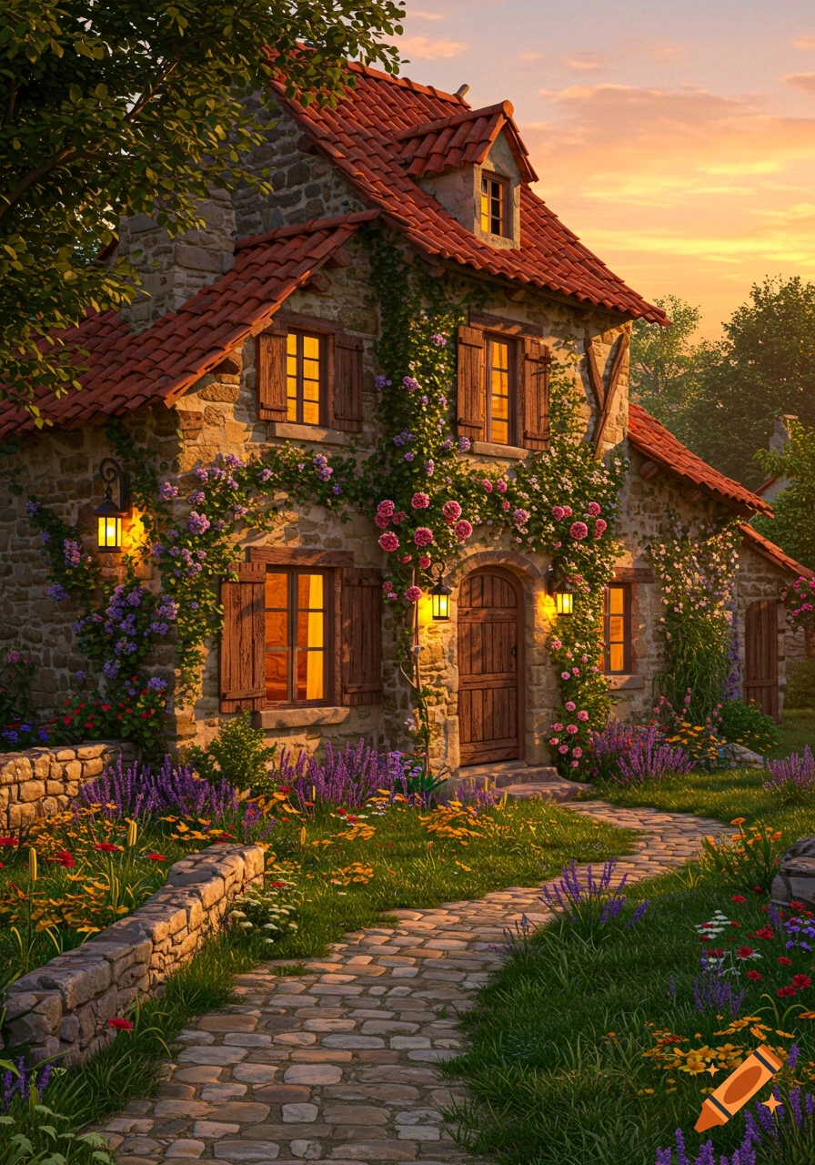 Charming stone cottage with a red roof, climbing vines, and colorful flowers under a warm sunset sky. A cobblestone path leads to the front door.