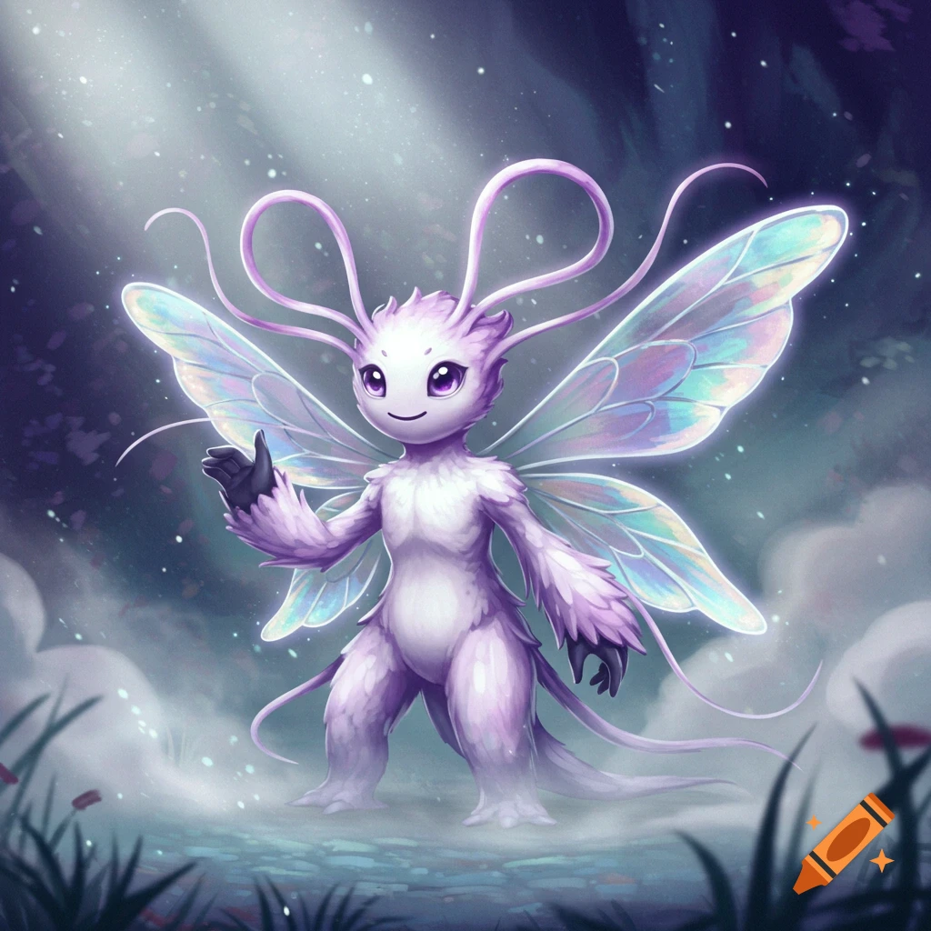 A friendly, purple, furry fantasy creature with large iridescent wings, antennae, and big eyes, standing in a mystical, misty forest. Digital art.