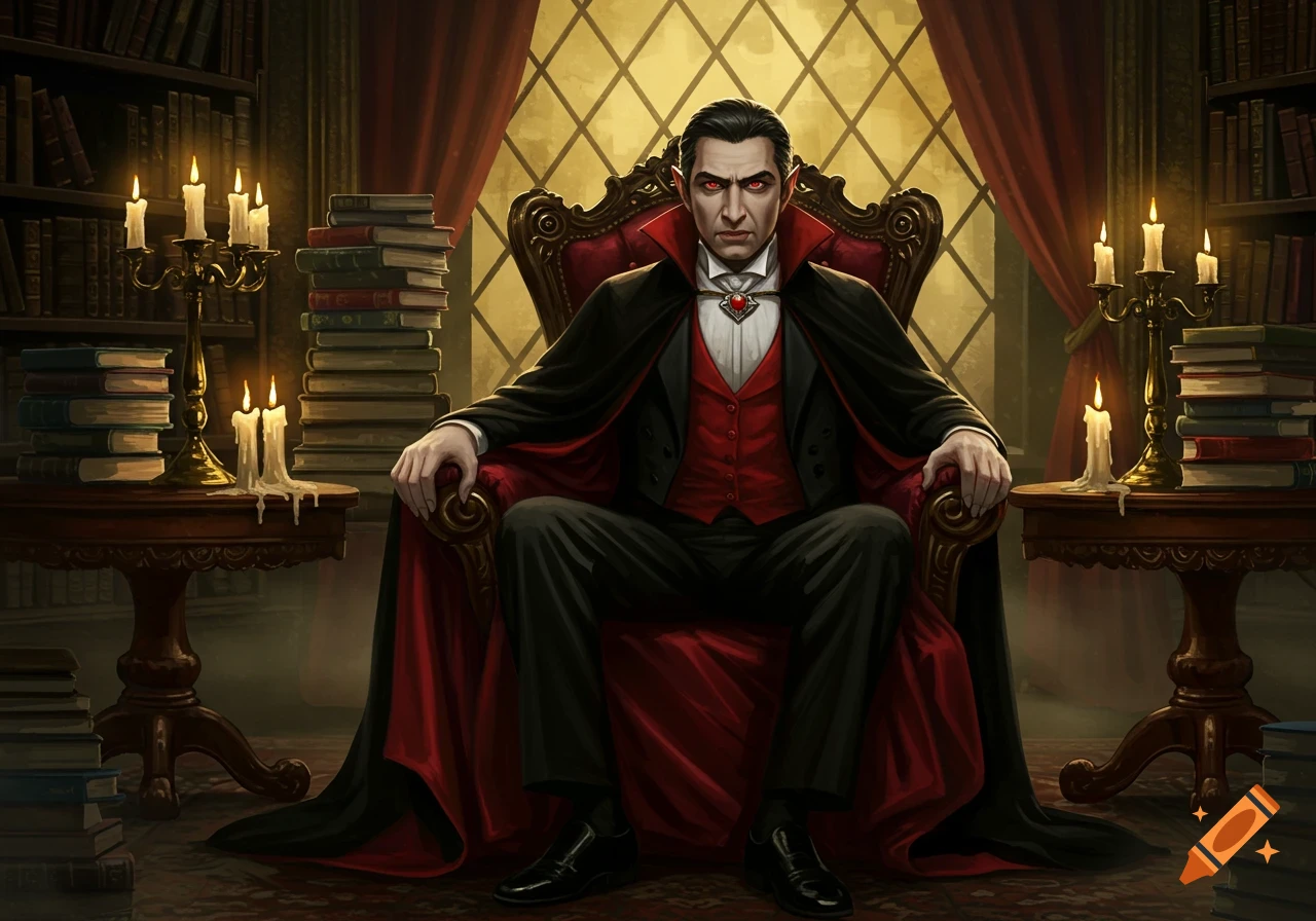 Stern Dracula with red eyes sits in a red ornate chair in a candlelit library filled with books.