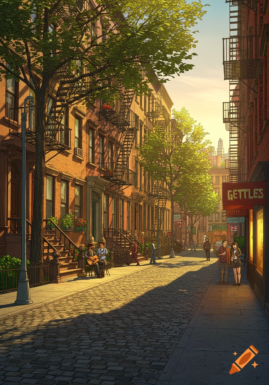 A stylized illustration of a sunlit Greenwich Village street with brownstone buildings, fire escapes, trees, and people.