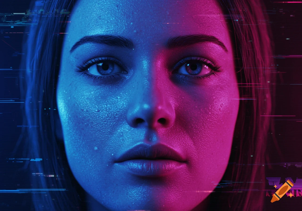 Close-up photorealistic portrait of a woman's face, lit with neon blue and pink light, with a glitch effect and data stream patterns in a cyberpunk style.