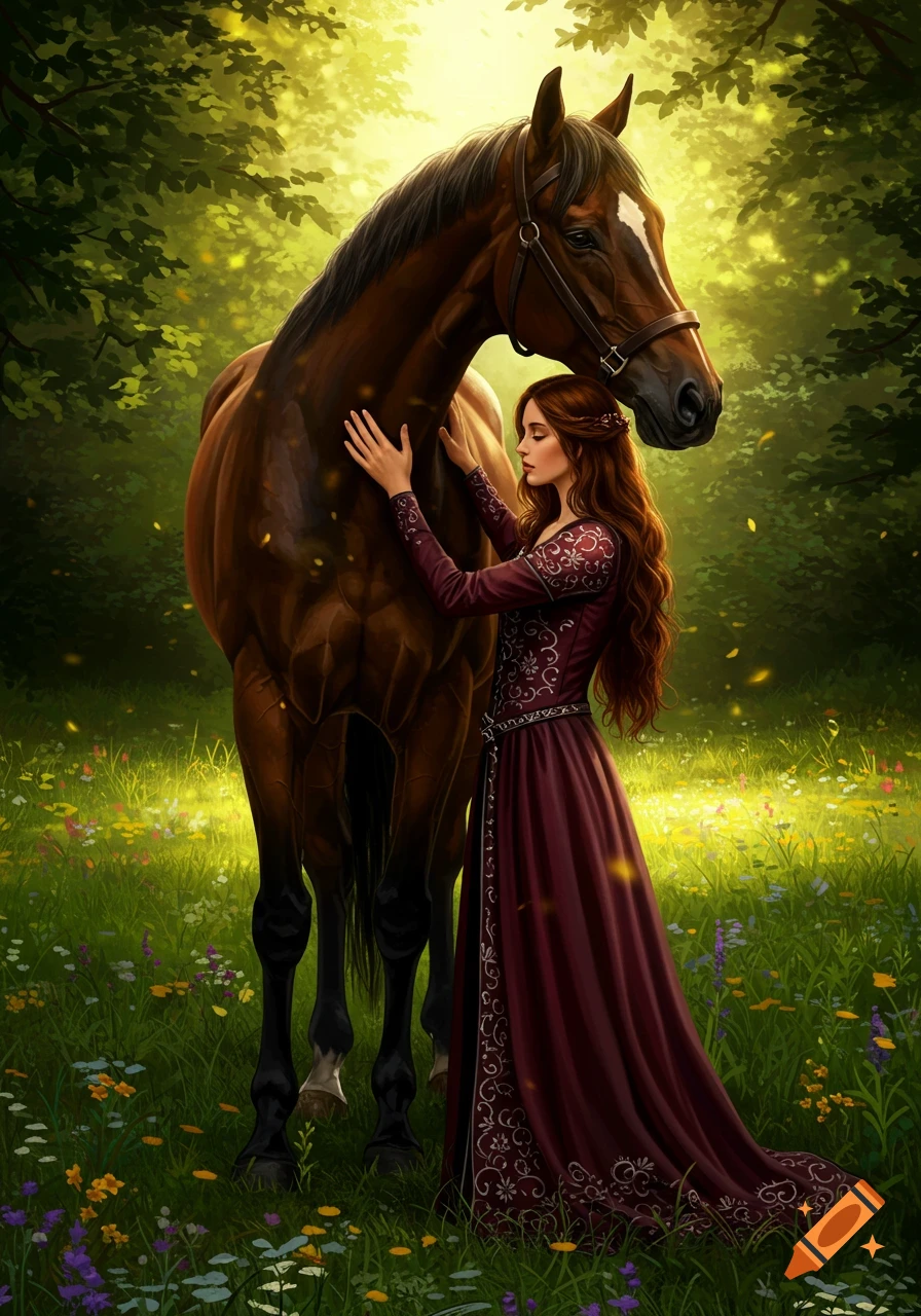 A medieval-fantasy woman with long red hair gently embraces a brown horse in a sunlit, wildflower-filled forest.