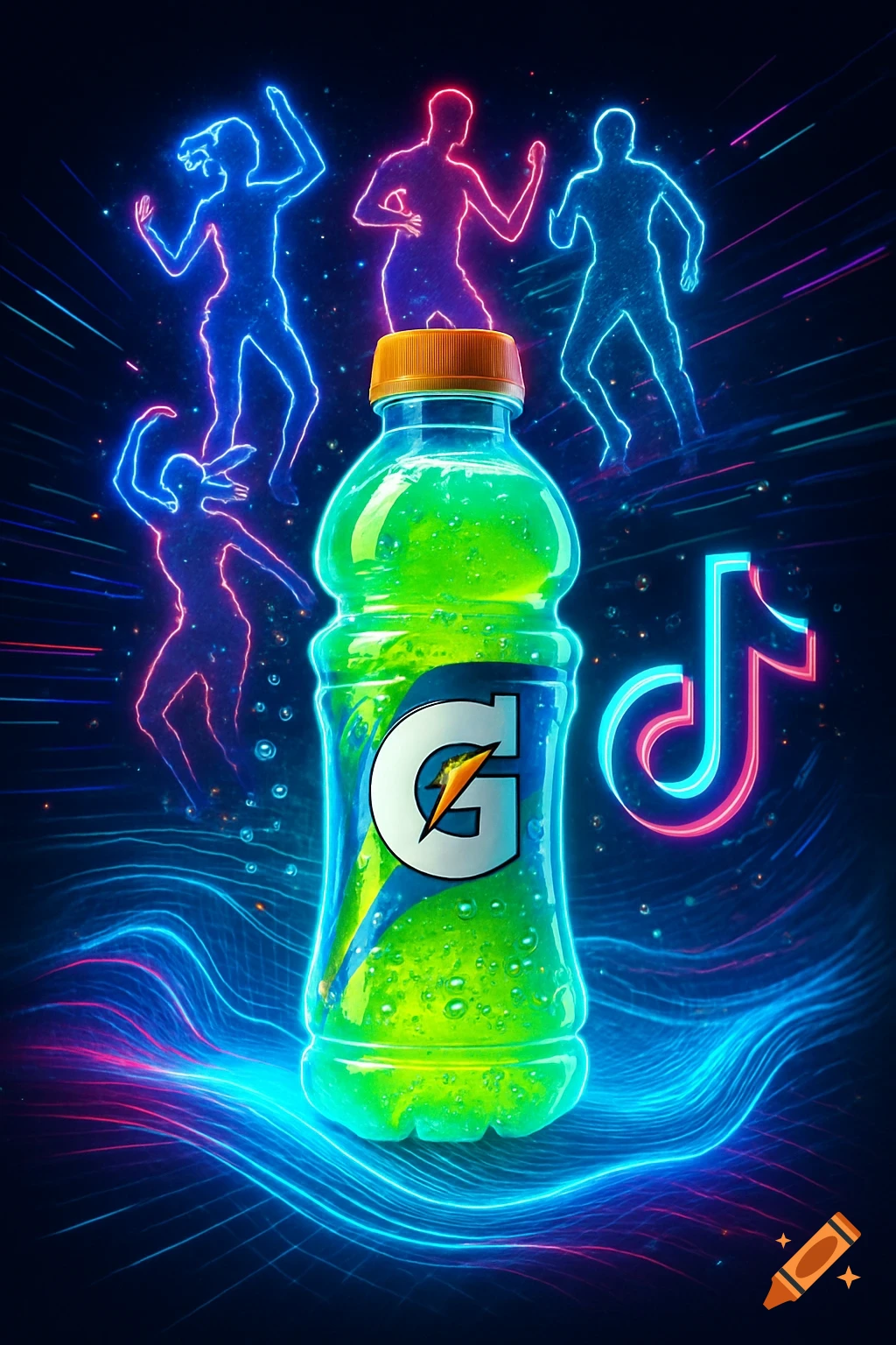 A vibrant, neon-glowing Gatorade bottle and TikTok logo with dancing human silhouettes against a dark, energetic background.