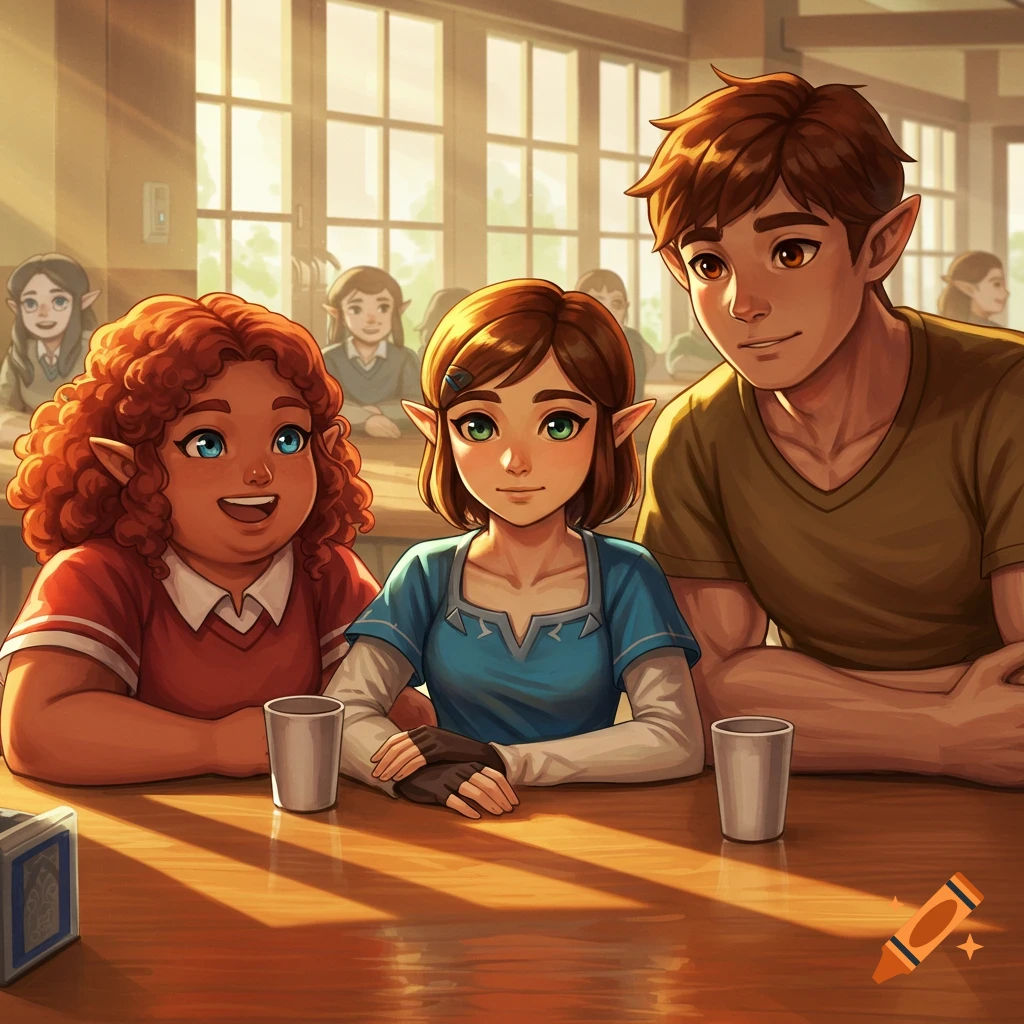 Three elf-eared teenagers, two girls and a boy, sit at a table in a sunlit school cafeteria in a cartoon style.
