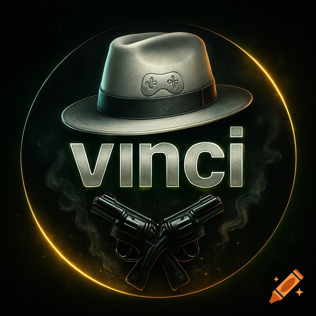 A cinematic gaming logo with a fedora, 'vinci' text, and crossed revolvers within a glowing circular frame on a dark background.