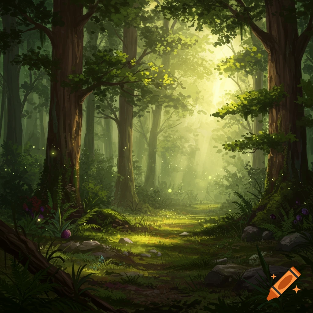 A vibrant, sunlit forest path with tall trees and glowing light, in a fantastical illustration style.