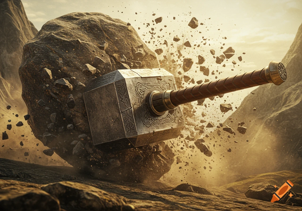 A large, ornate hammer smashes into a boulder, sending rock fragments exploding into a dusty, arid landscape.
