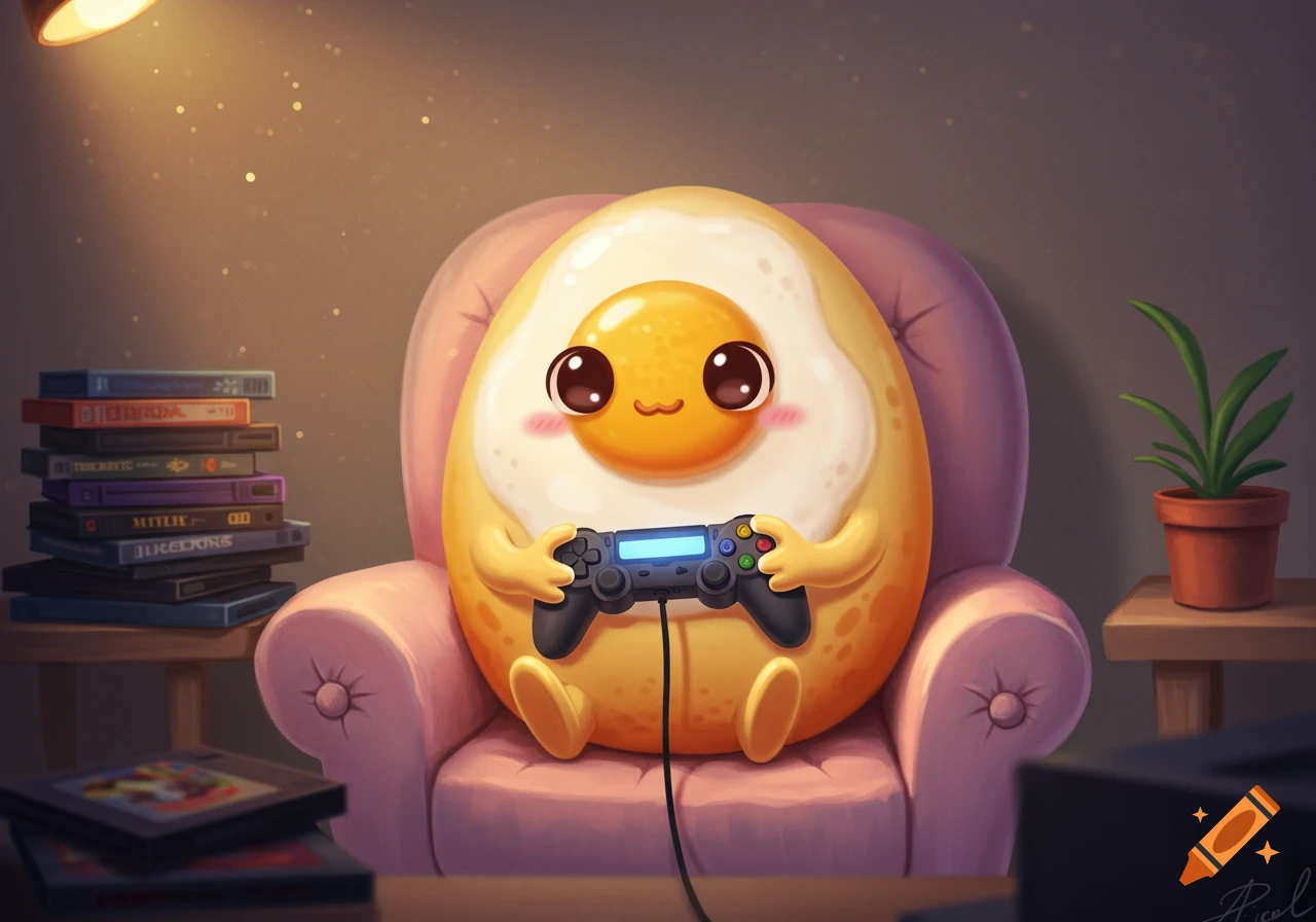 A cute cartoon fried egg character sits in a pink armchair, playing a video game with a controller in a cozy room.