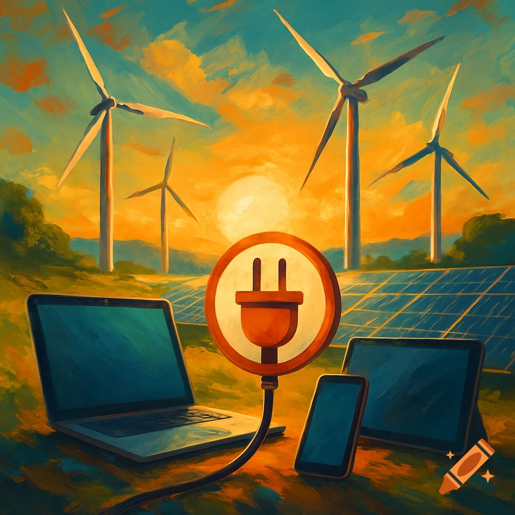 Painterly image of wind turbines, solar panels, a laptop, tablet, and phone connected by an electrical plug symbol at sunset.