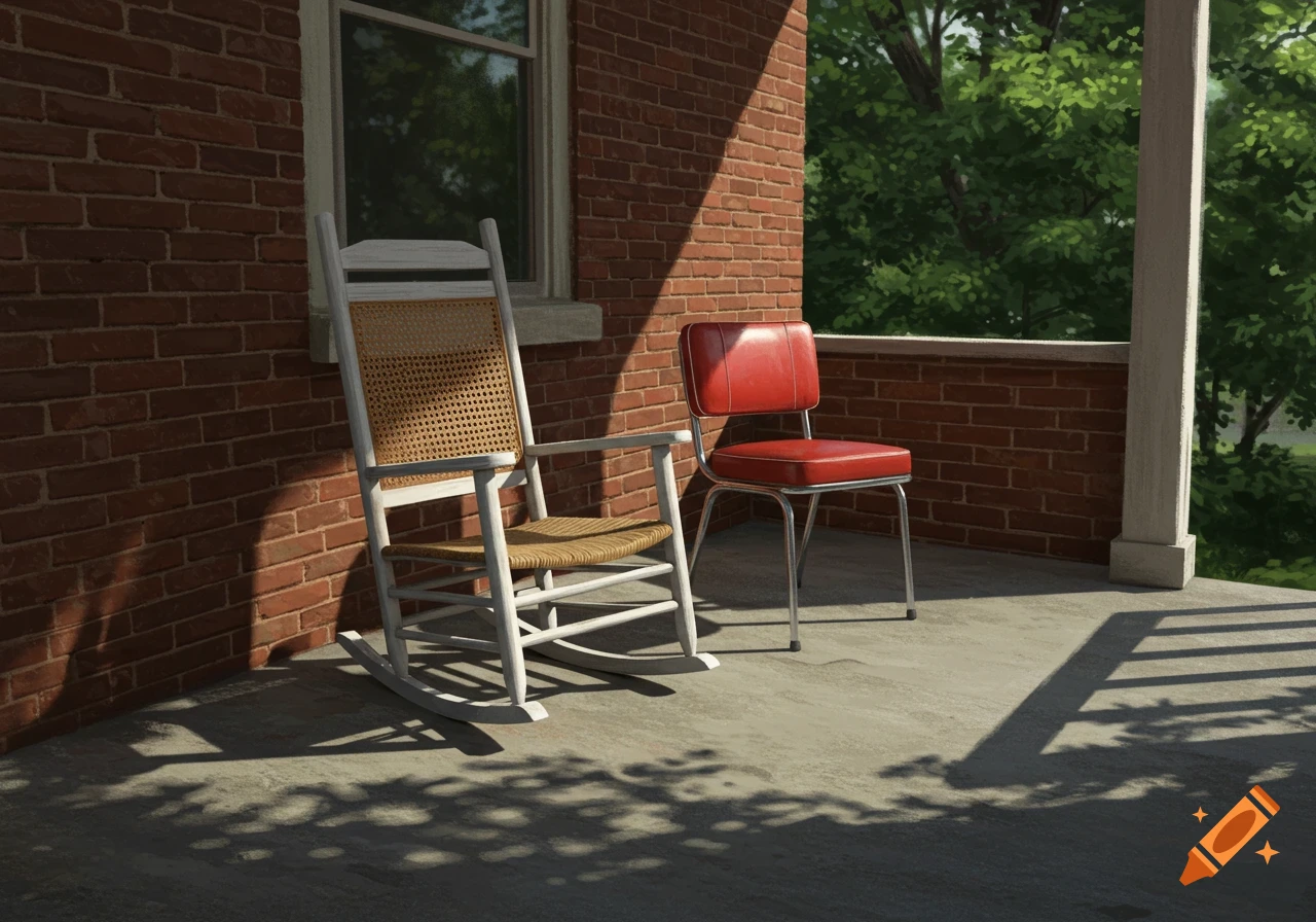 A white rocking chair with a rattan seat and a red retro kitchen chair sit on a concrete porch next to a brick wall with dappled sunlight.