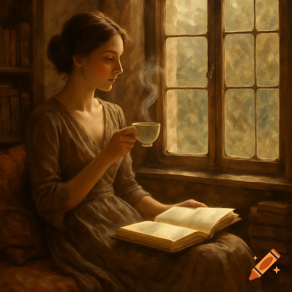 A woman in a brown dress sits peacefully by a window, holding a steaming cup and reading an open book, in a painterly style.