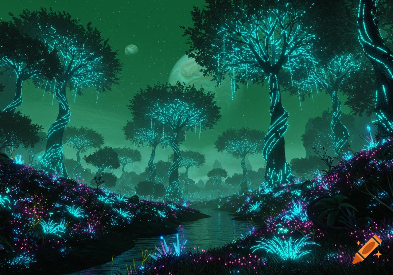 A lush alien forest with bioluminescent turquoise and magenta plants along a winding stream under a green sky with planets.